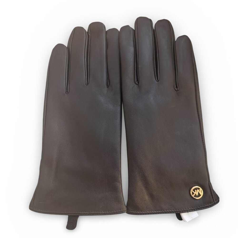NWT Michael Kors Brown Leather Tech Gloves with Gold Logo - MSRP $98